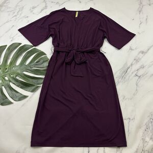 Betabrand Womens Sheath Dress Size S Solid Purple Belted Pockets Stretch